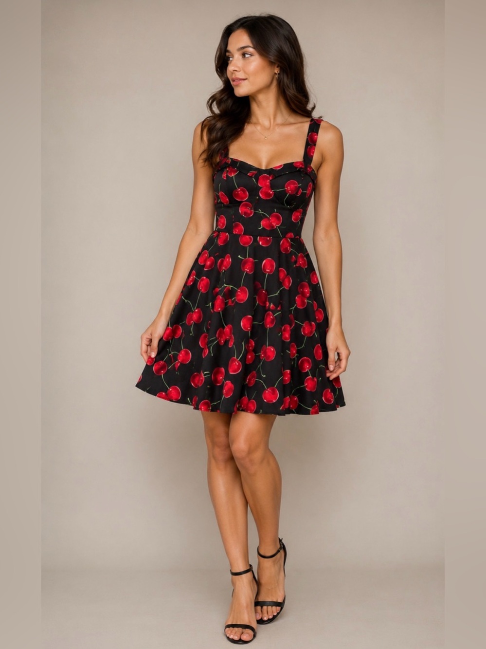 Pin up Black Cherry Print Mini Dress with Sweetheart Neckline